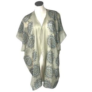 NATURAL LIFE Give Love Laugh Green Blue Floral Open Front Kimono Wrap Sz OS